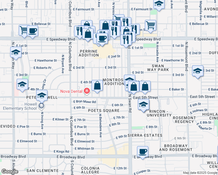 map of restaurants, bars, coffee shops, grocery stores, and more near 661 North Venice Avenue in Tucson