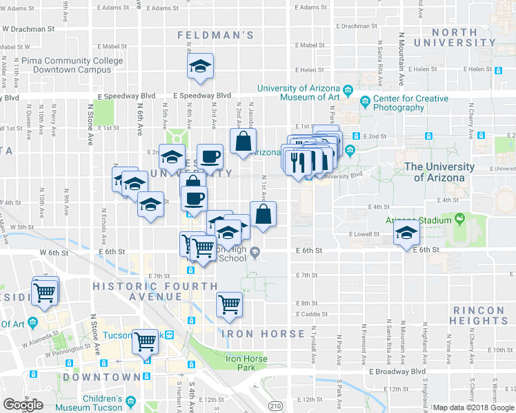 map of restaurants, bars, coffee shops, grocery stores, and more near 703 North 1st Avenue in Tucson