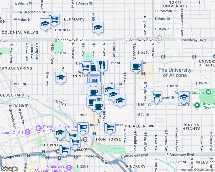 map of restaurants, bars, coffee shops, grocery stores, and more near 501 East 4th Street in Tucson