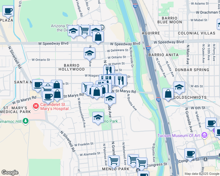 map of restaurants, bars, coffee shops, grocery stores, and more near 512 North Grande Avenue in Tucson