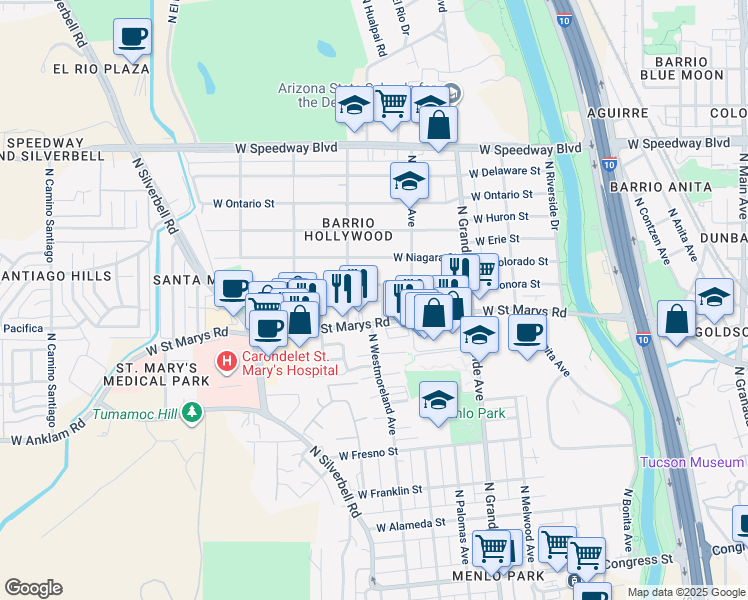 map of restaurants, bars, coffee shops, grocery stores, and more near 1359 West Sonora Street in Tucson