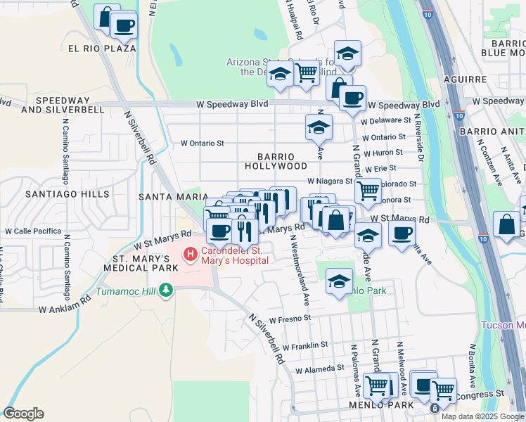 map of restaurants, bars, coffee shops, grocery stores, and more near 1405 West Sonora Street in Tucson