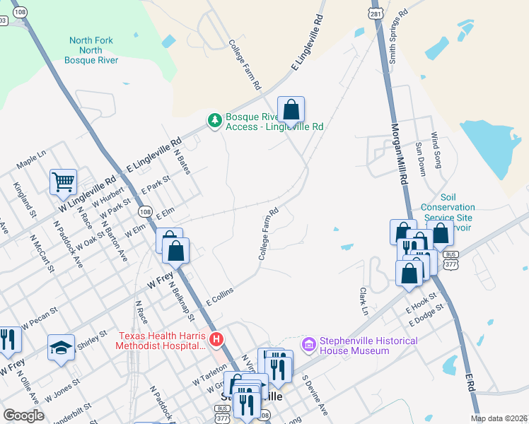 map of restaurants, bars, coffee shops, grocery stores, and more near 760 South College Farm Road in Stephenville
