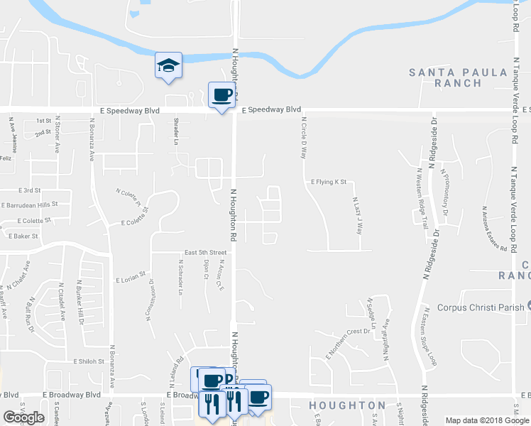 map of restaurants, bars, coffee shops, grocery stores, and more near 10390 East Passkey Drive in Tucson