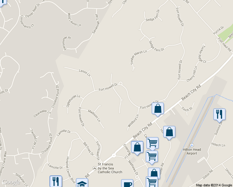 map of restaurants, bars, coffee shops, grocery stores, and more near 33 Madison Lane in Hilton Head Island