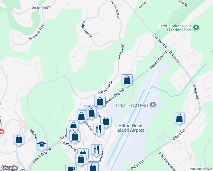 map of restaurants, bars, coffee shops, grocery stores, and more near 233 Fort Howell Drive in Hilton Head Island