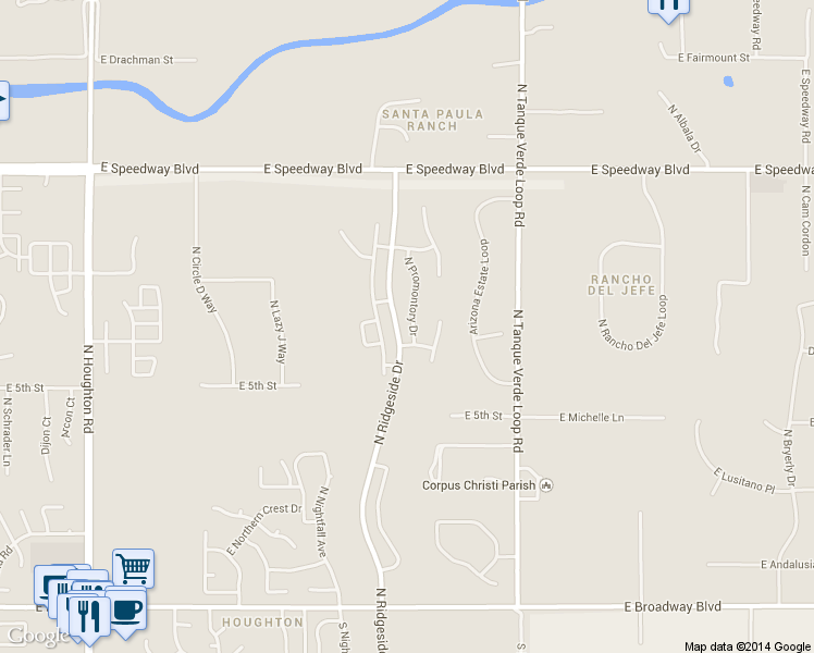 map of restaurants, bars, coffee shops, grocery stores, and more near 741 North Promontory Drive in Tucson