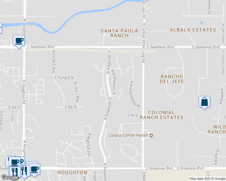 map of restaurants, bars, coffee shops, grocery stores, and more near 741 North Promontory Drive in Tucson