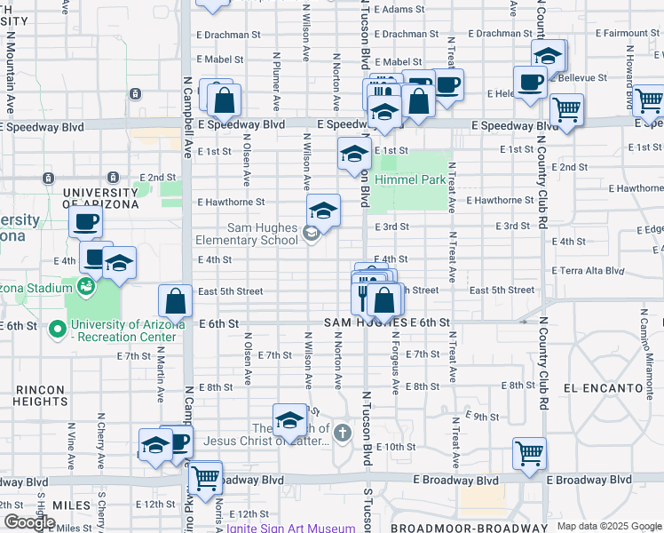 map of restaurants, bars, coffee shops, grocery stores, and more near 2340 East 4th Street in Tucson