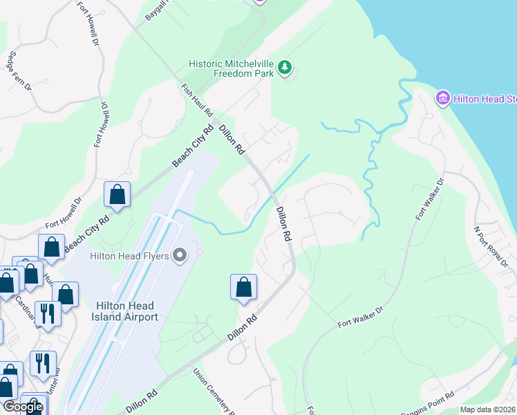 map of restaurants, bars, coffee shops, grocery stores, and more near 159 Dillon Road in Hilton Head Island