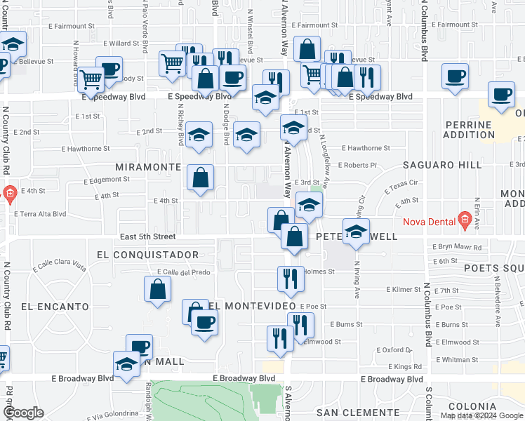 map of restaurants, bars, coffee shops, grocery stores, and more near 3800 East 4th Street in Tucson