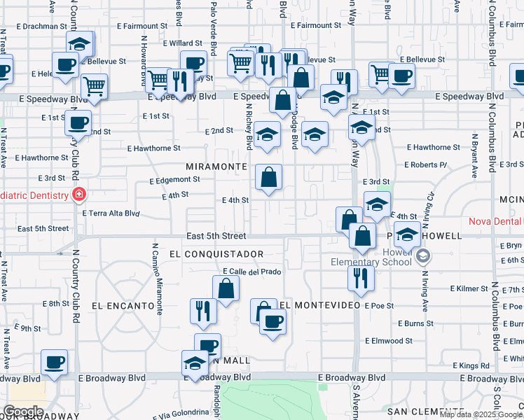 map of restaurants, bars, coffee shops, grocery stores, and more near 3602 East 4th Street in Tucson