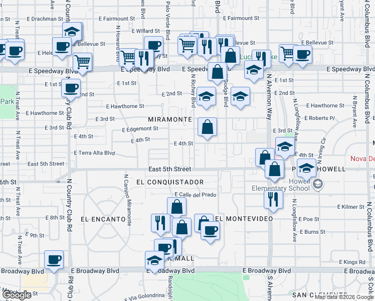 map of restaurants, bars, coffee shops, grocery stores, and more near 3602 East 4th Street in Tucson