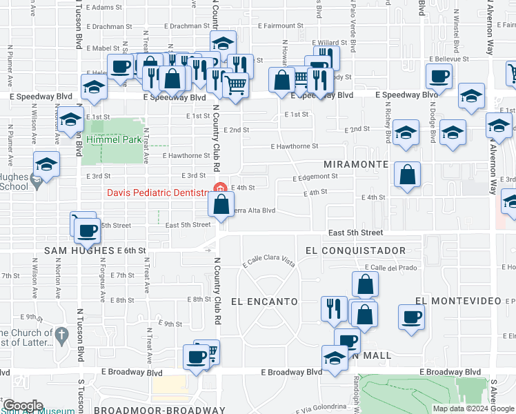 map of restaurants, bars, coffee shops, grocery stores, and more near 711 North Crest Drive in Tucson
