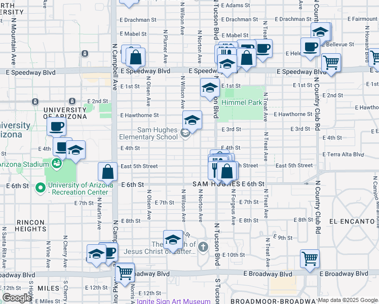 map of restaurants, bars, coffee shops, grocery stores, and more near 2340 East 4th Street in Tucson