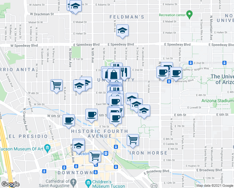 map of restaurants, bars, coffee shops, grocery stores, and more near 347 East 4th Street in Tucson
