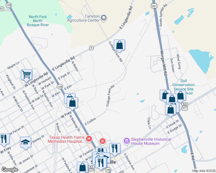 map of restaurants, bars, coffee shops, grocery stores, and more near 760 South College Farm Road in Stephenville