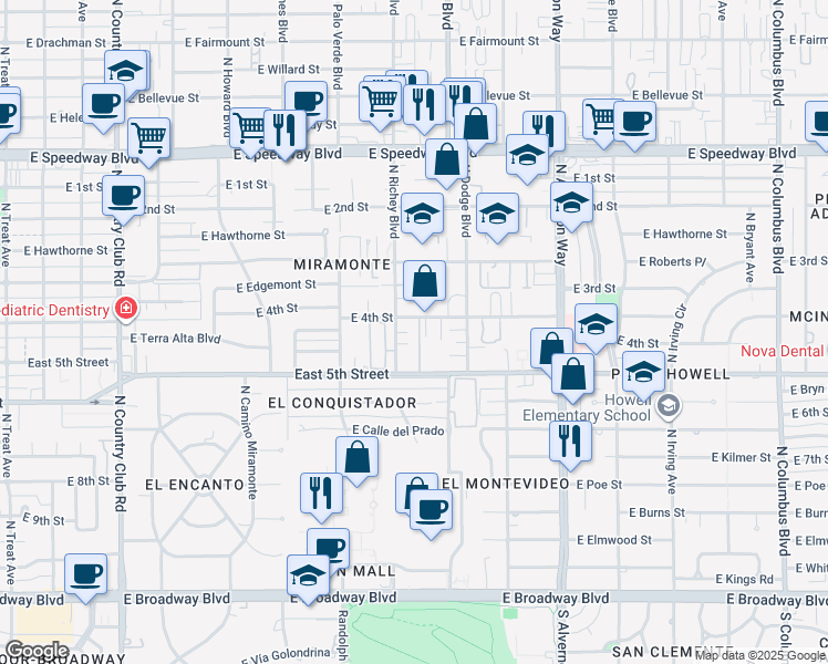 map of restaurants, bars, coffee shops, grocery stores, and more near 675 North Encanto Village Way in Tucson