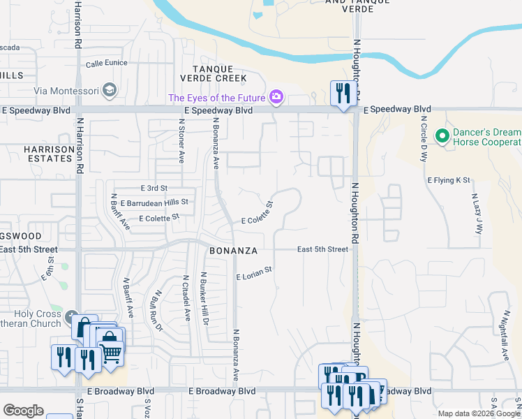 map of restaurants, bars, coffee shops, grocery stores, and more near 10031 East Colette Street in Tucson