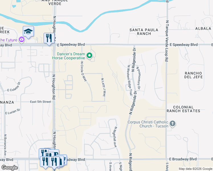 map of restaurants, bars, coffee shops, grocery stores, and more near 730 North Lazy J Way in Tucson