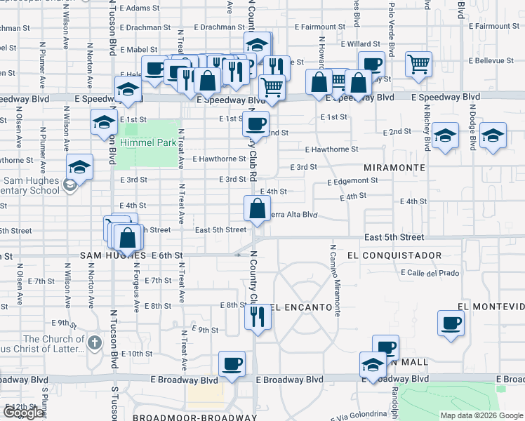 map of restaurants, bars, coffee shops, grocery stores, and more near 716 North Country Club Road in Tucson