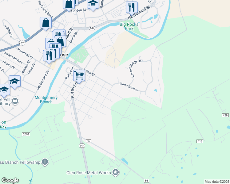 map of restaurants, bars, coffee shops, grocery stores, and more near 803 Clay Street in Glen Rose