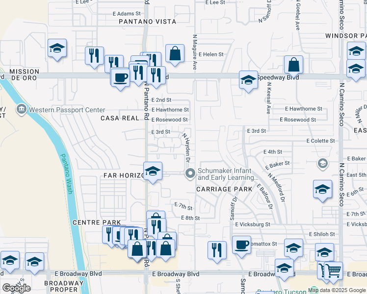 map of restaurants, bars, coffee shops, grocery stores, and more near 712 North Hayden Drive in Tucson