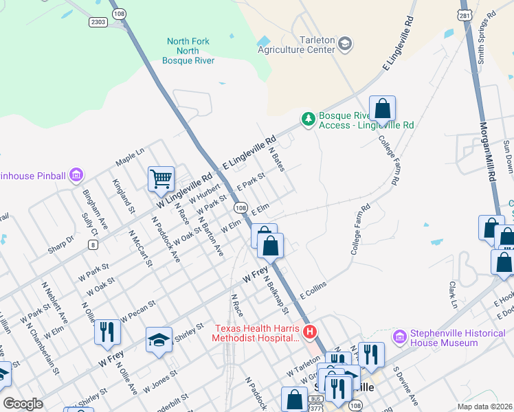 map of restaurants, bars, coffee shops, grocery stores, and more near 1390 North Estes Avenue in Stephenville