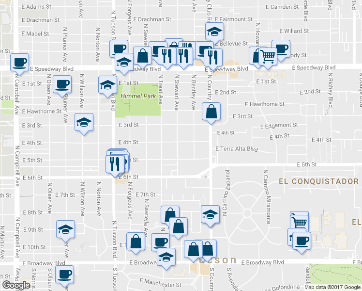 map of restaurants, bars, coffee shops, grocery stores, and more near 2910 East 4th Street in Tucson
