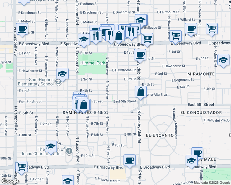 map of restaurants, bars, coffee shops, grocery stores, and more near 2910 East 4th Street in Tucson