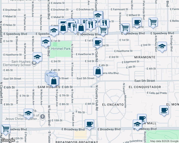 map of restaurants, bars, coffee shops, grocery stores, and more near 3002 East 4th Street in Tucson