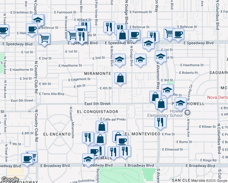 map of restaurants, bars, coffee shops, grocery stores, and more near 3602 East 4th Street in Tucson