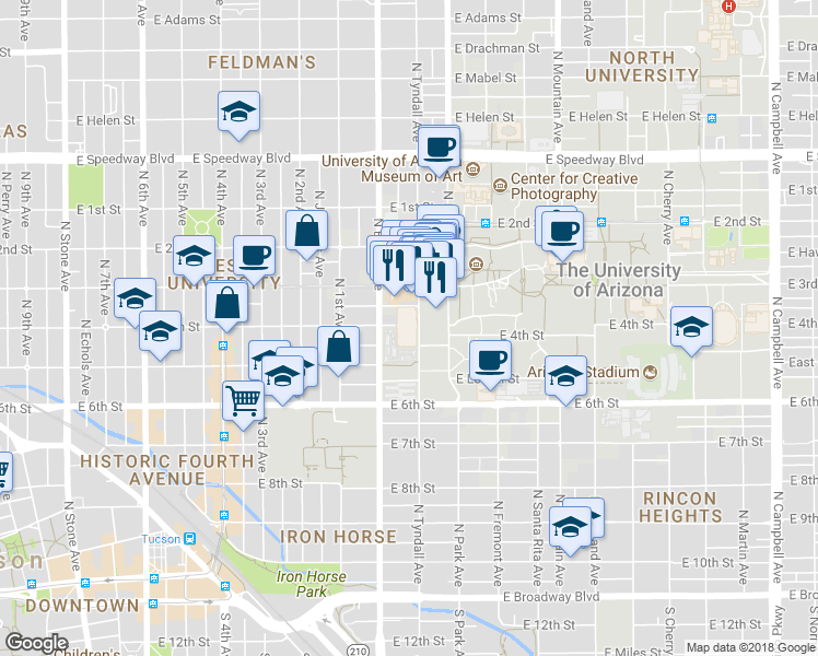 map of restaurants, bars, coffee shops, grocery stores, and more near 701 North Tyndall Avenue in Tucson