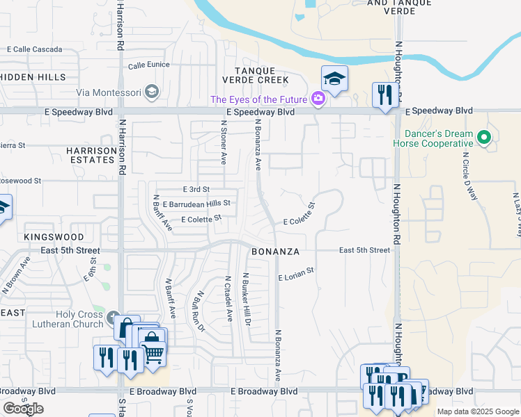 map of restaurants, bars, coffee shops, grocery stores, and more near 9930 East Bonanza Place in Tucson