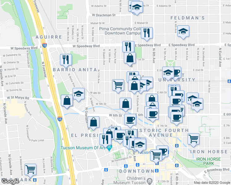map of restaurants, bars, coffee shops, grocery stores, and more near N Perry Ave & W 4th St in Tucson