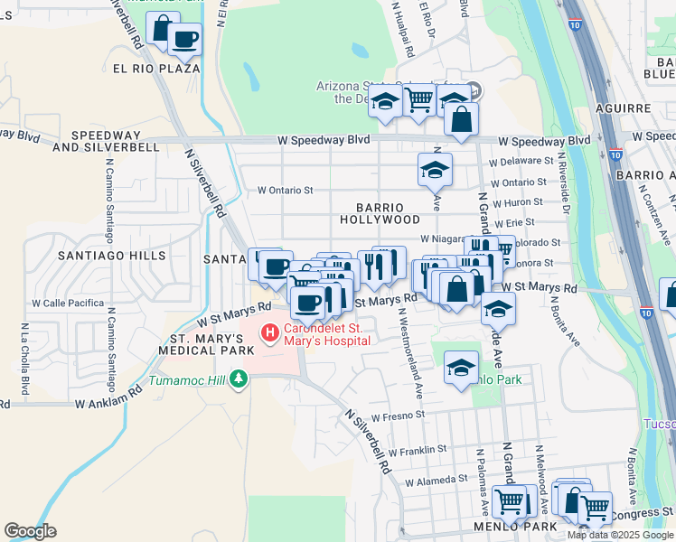 map of restaurants, bars, coffee shops, grocery stores, and more near 1471 West Sonora Street in Tucson
