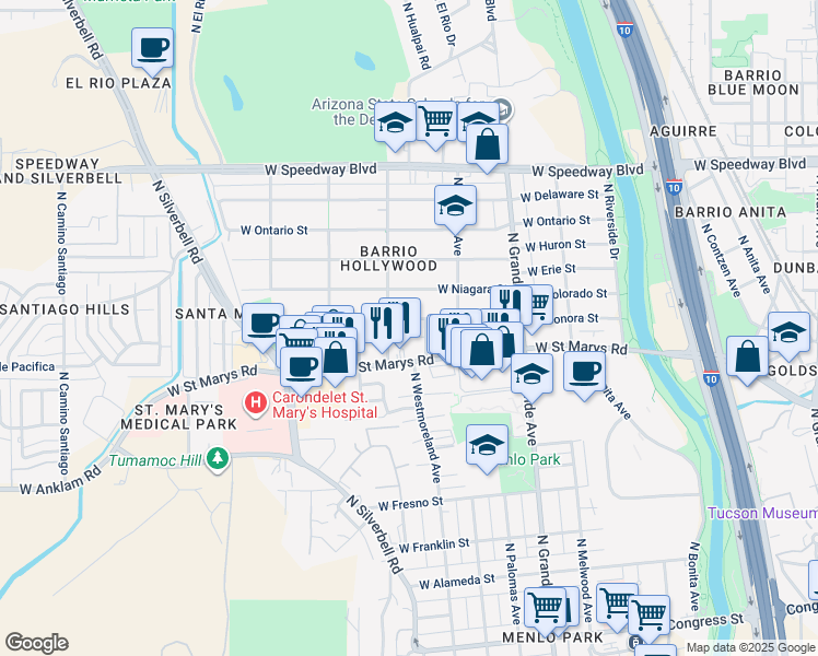 map of restaurants, bars, coffee shops, grocery stores, and more near 1359 West Sonora Street in Tucson