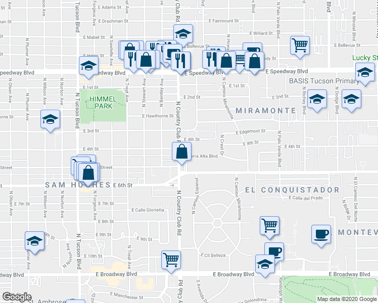 map of restaurants, bars, coffee shops, grocery stores, and more near 3129 East Terra Alta Boulevard in Tucson