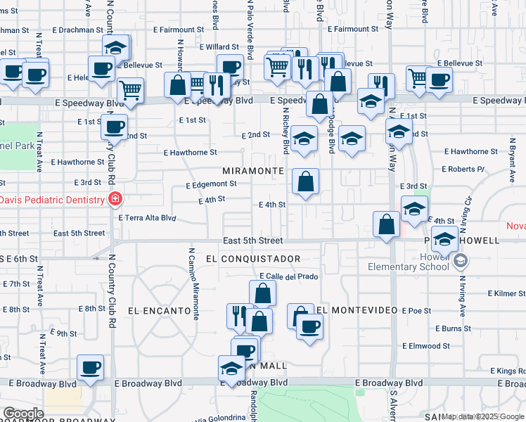 map of restaurants, bars, coffee shops, grocery stores, and more near 3524 East 4th Street in Tucson