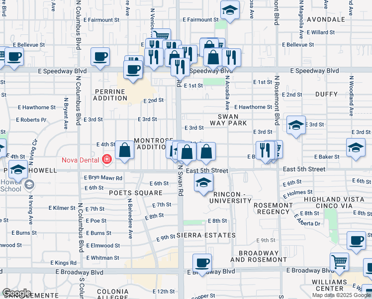 map of restaurants, bars, coffee shops, grocery stores, and more near 4702 East 4th Street in Tucson