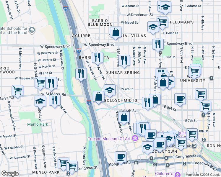 map of restaurants, bars, coffee shops, grocery stores, and more near 682 North Anita Avenue in Tucson