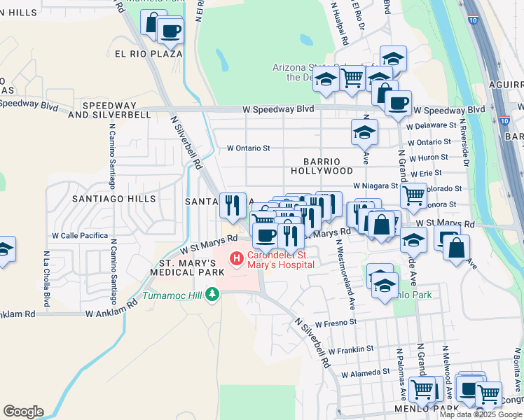 map of restaurants, bars, coffee shops, grocery stores, and more near 555 North Iroquois Avenue in Tucson