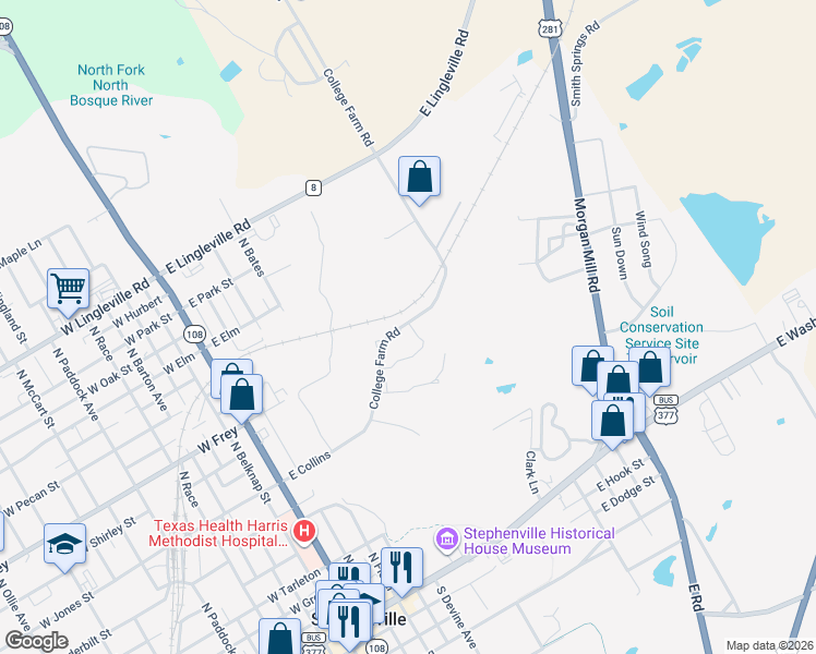map of restaurants, bars, coffee shops, grocery stores, and more near 855 South College Farm Road in Stephenville