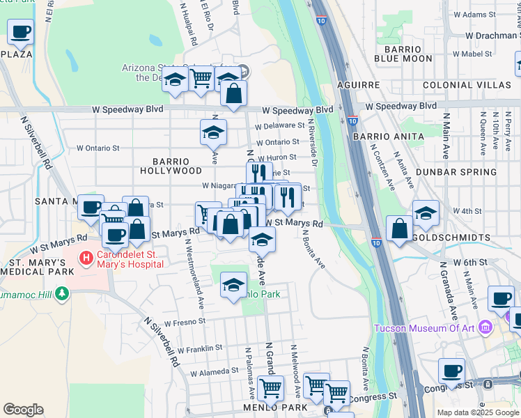map of restaurants, bars, coffee shops, grocery stores, and more near 512 North Grande Avenue in Tucson