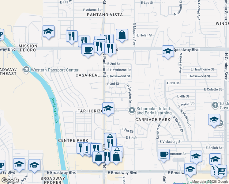 map of restaurants, bars, coffee shops, grocery stores, and more near 7972 East Colette Circle in Tucson