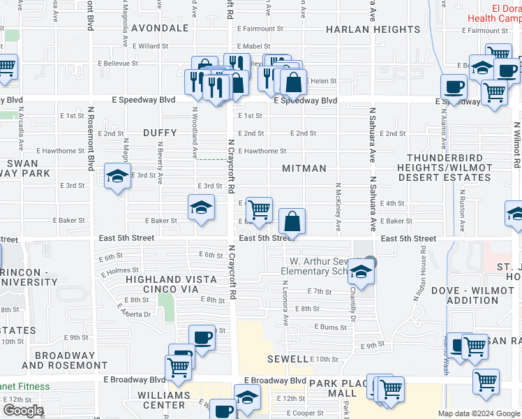 map of restaurants, bars, coffee shops, grocery stores, and more near 5546 East 4th Street in Tucson