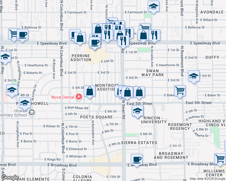 map of restaurants, bars, coffee shops, grocery stores, and more near 668 North Benton Avenue in Tucson