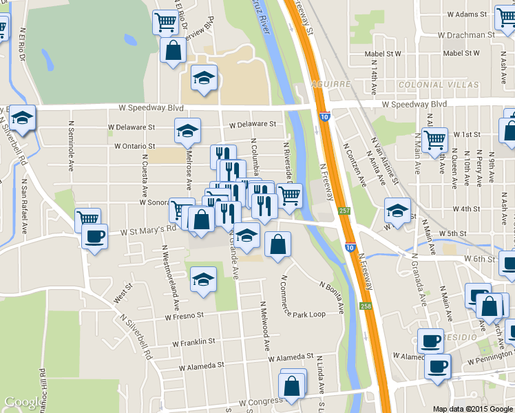 map of restaurants, bars, coffee shops, grocery stores, and more near 511 North Columbia Avenue in Tucson
