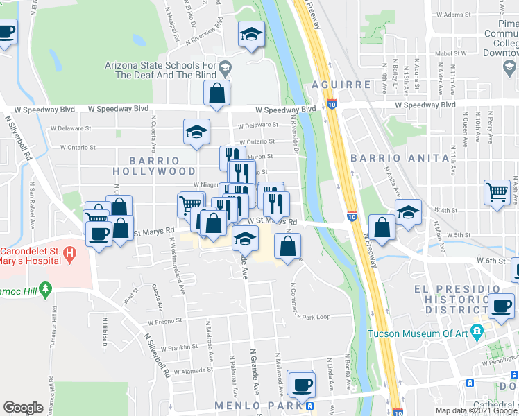 map of restaurants, bars, coffee shops, grocery stores, and more near 511 North Columbia Avenue in Tucson