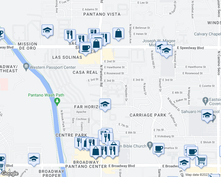 map of restaurants, bars, coffee shops, grocery stores, and more near 7972 East Colette Circle in Tucson